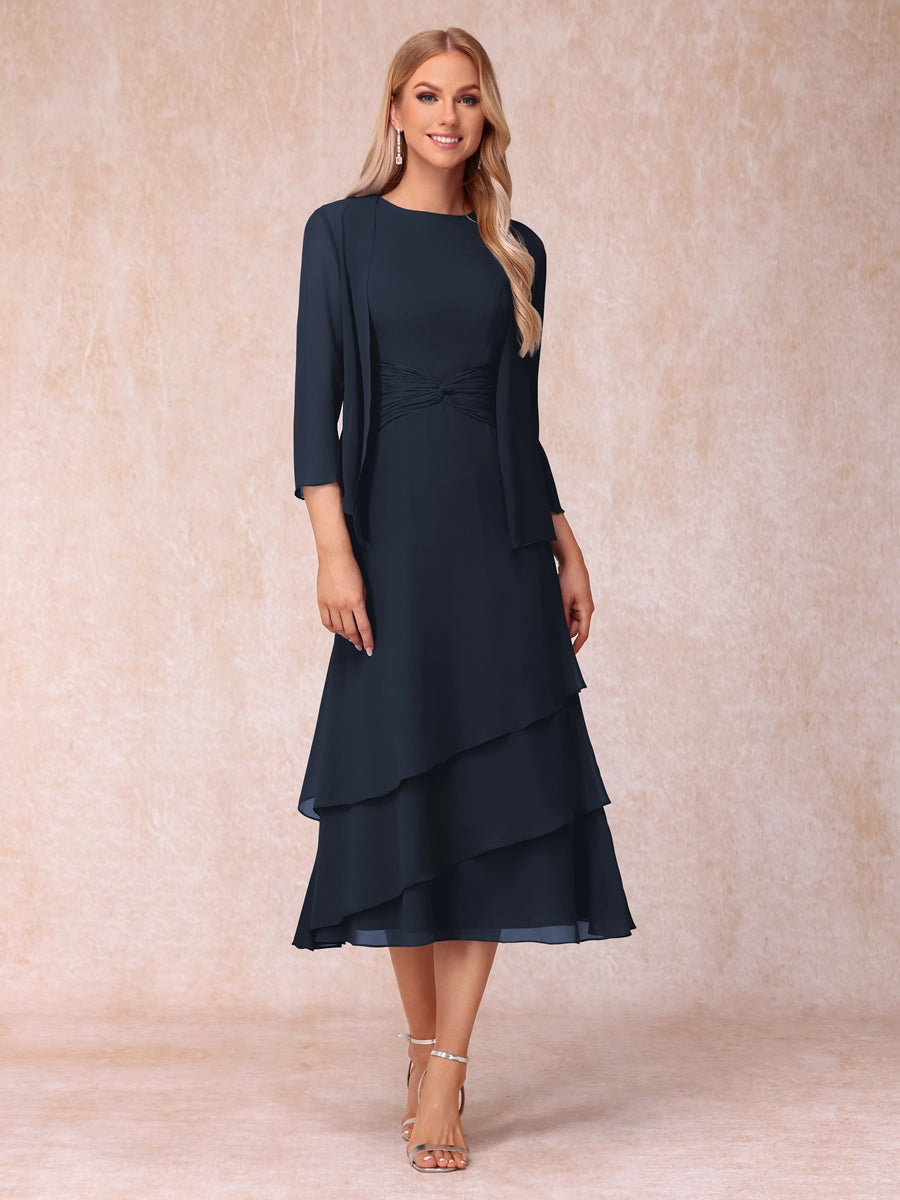 Elegant Royal Blue A-Line Round-Neck Three-Quarter-Sleeve Zip-Back Midi Mother of the Bride Dress