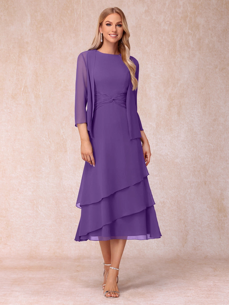 Elegant Royal Blue A-Line Round-Neck Three-Quarter-Sleeve Zip-Back Midi Mother of the Bride Dress
