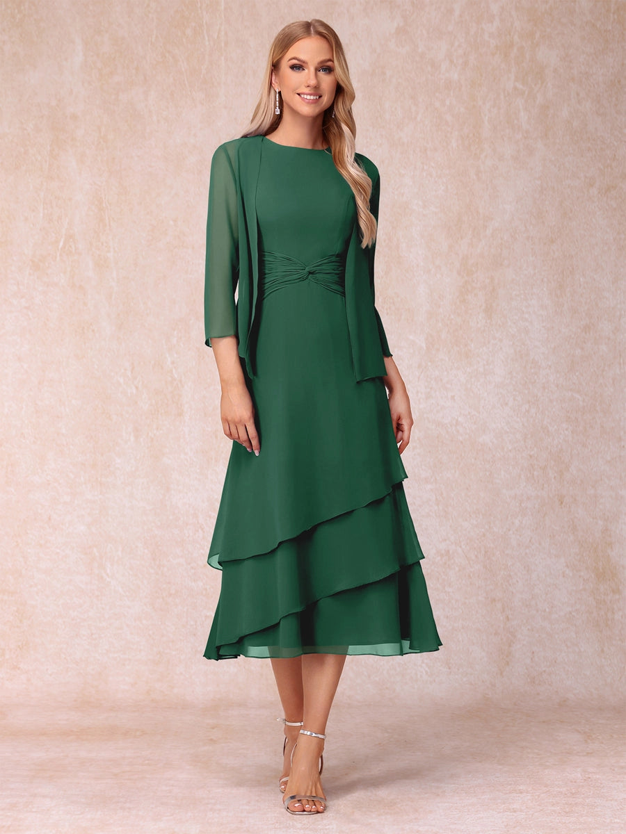 Elegant Royal Blue A-Line Round-Neck Three-Quarter-Sleeve Zip-Back Midi Mother of the Bride Dress