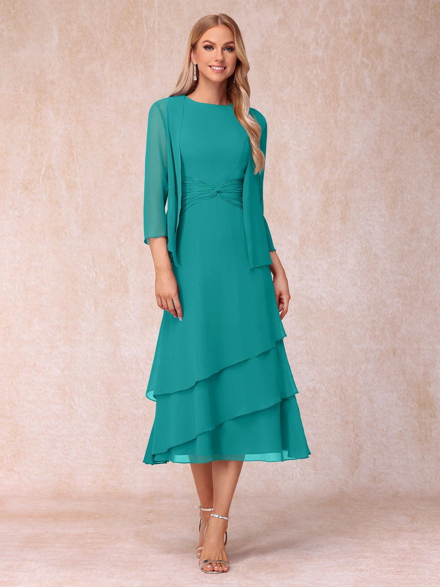 Elegant Royal Blue A-Line Round-Neck Three-Quarter-Sleeve Zip-Back Midi Mother of the Bride Dress