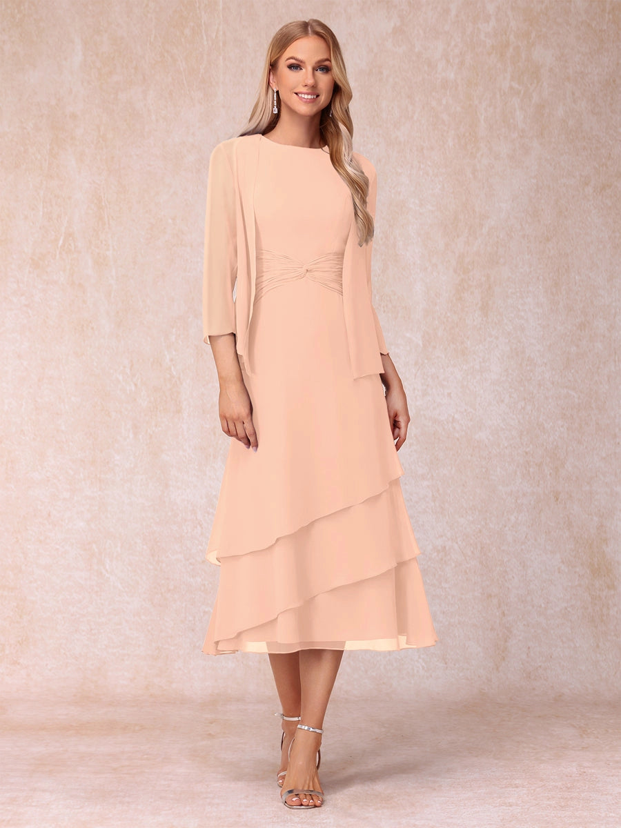 Elegant Royal Blue A-Line Round-Neck Three-Quarter-Sleeve Zip-Back Midi Mother of the Bride Dress