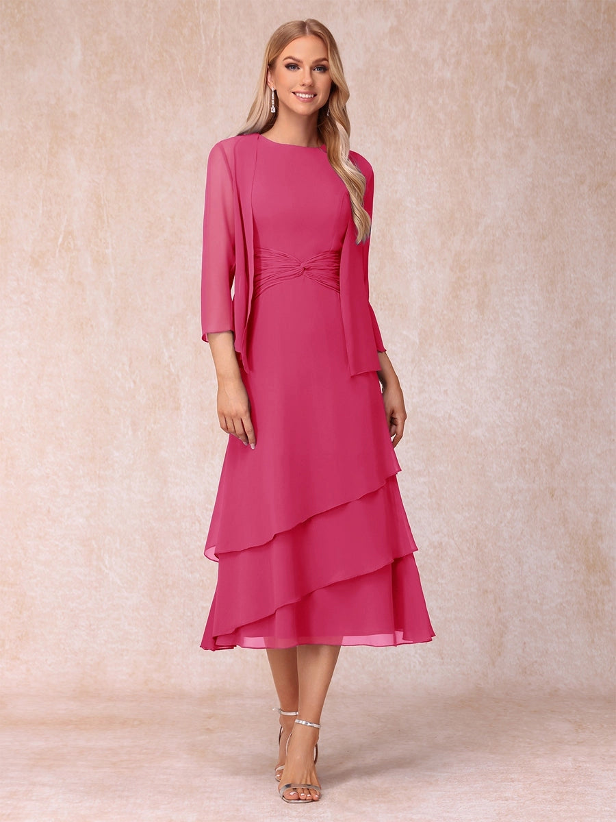 Elegant Royal Blue A-Line Round-Neck Three-Quarter-Sleeve Zip-Back Midi Mother of the Bride Dress
