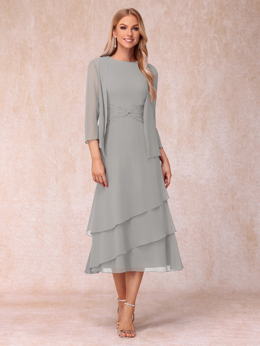 Elegant Royal Blue A-Line Round-Neck Three-Quarter-Sleeve Zip-Back Midi Mother of the Bride Dress