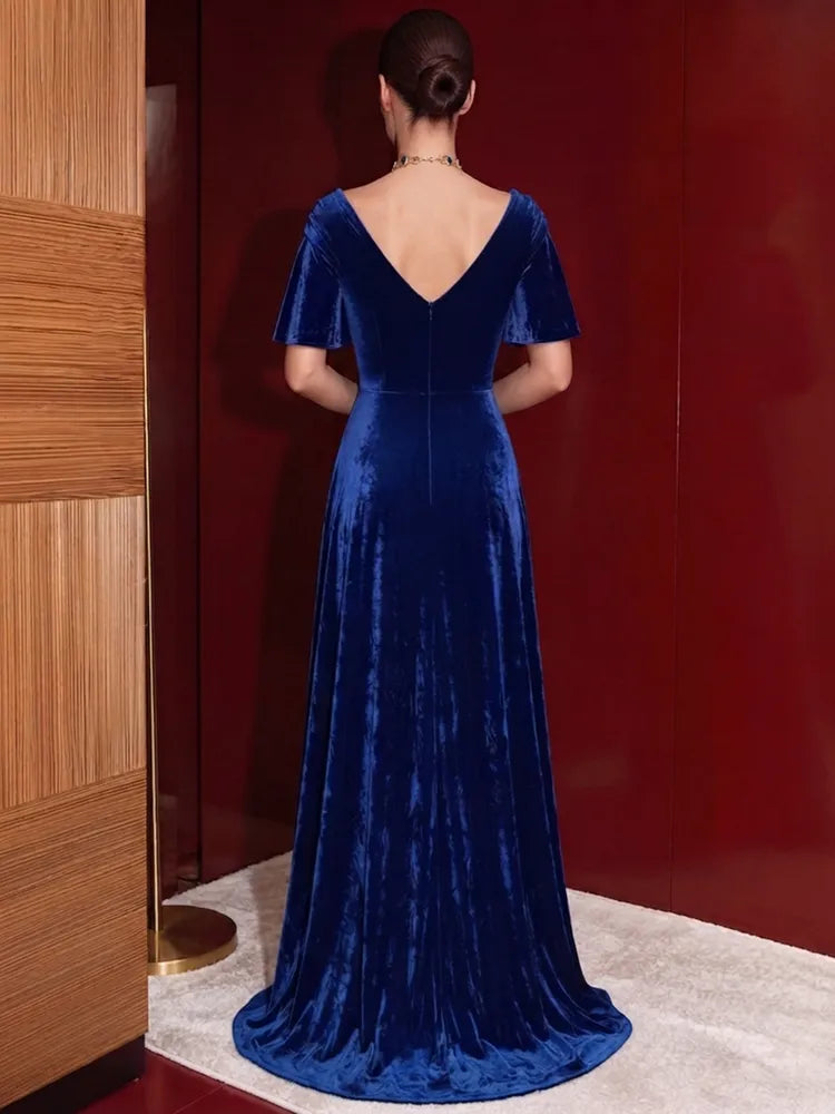 Elegant A-Line Off-Shoulder Short Sleeve Velvet Floor-Length Mother of the Bride Dress