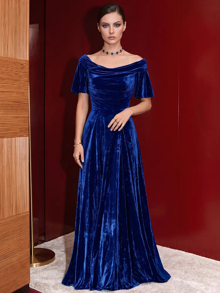 Loverlm royal blue velvet off-shoulder A-line Mother of the Bride dress front view