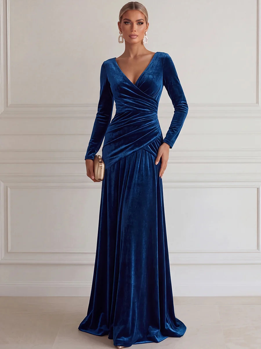 Royal blue velvet evening dress with V-neckline long sleeves ruched bodice and flowing floor-length A-line skirt by Loverlm
