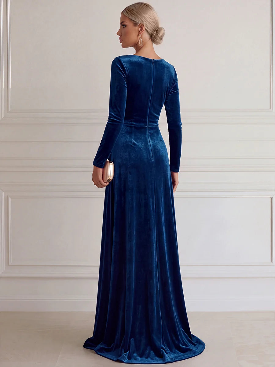 Elegant A-Line V-Neck Long Sleeve Velvet Floor-Length Evening Dress