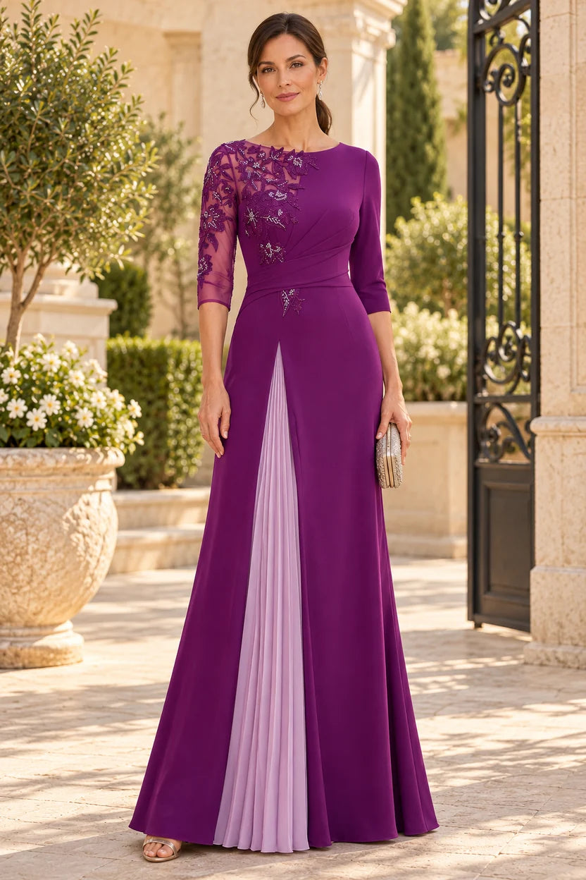 Elegant A-Line Round Neck Lace Sleeve Crepe Mother of the Bride Dress