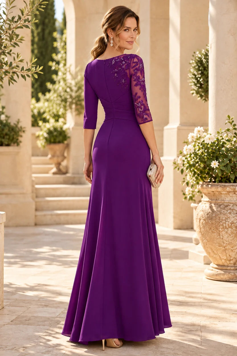 Elegant A-Line Round Neck Lace Sleeve Crepe Mother of the Bride Dress