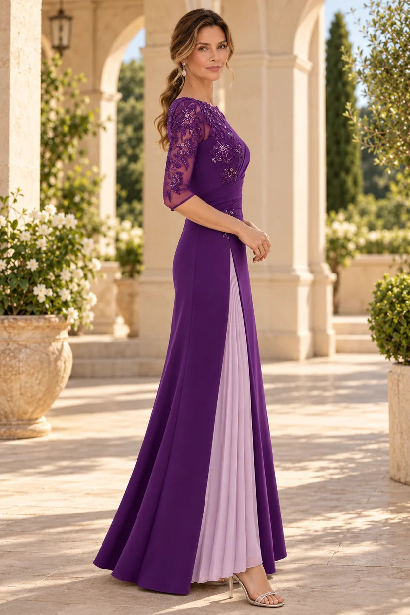 Elegant A-Line Round Neck Lace Sleeve Crepe Mother of the Bride Dress