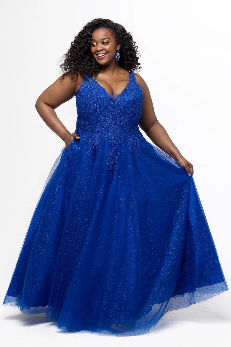 Elegant Plus Size A Line V Neck Sleeveless Tulle Floor Length Prom Dress