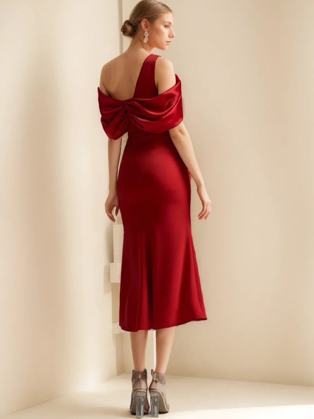 Elegant Sheath Asymmetric-Neck Sleeveless Draped-Back Midi Wedding Guest Dress