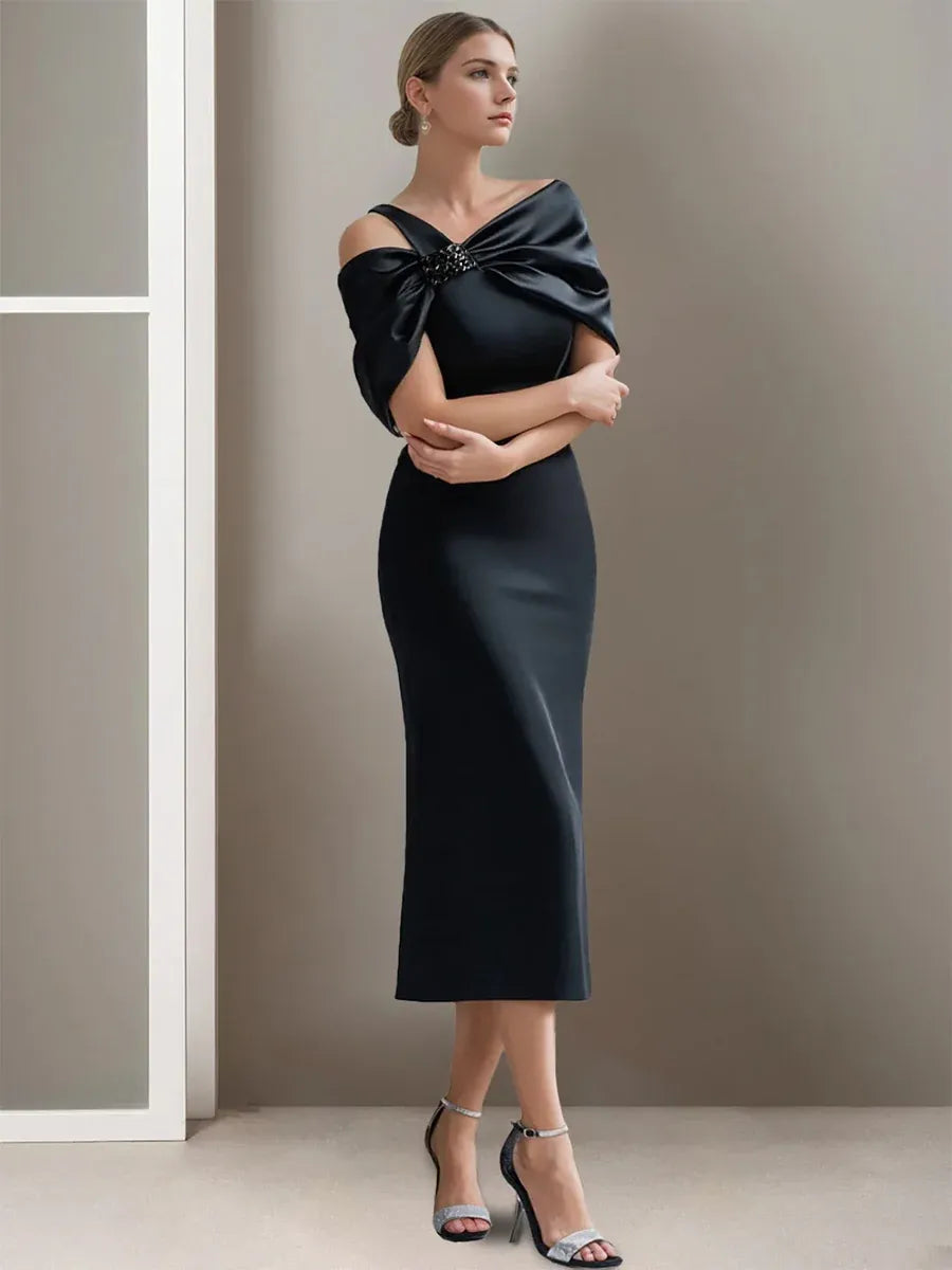 Elegant Sheath Asymmetric-Neck Sleeveless Draped-Back Midi Wedding Guest Dress