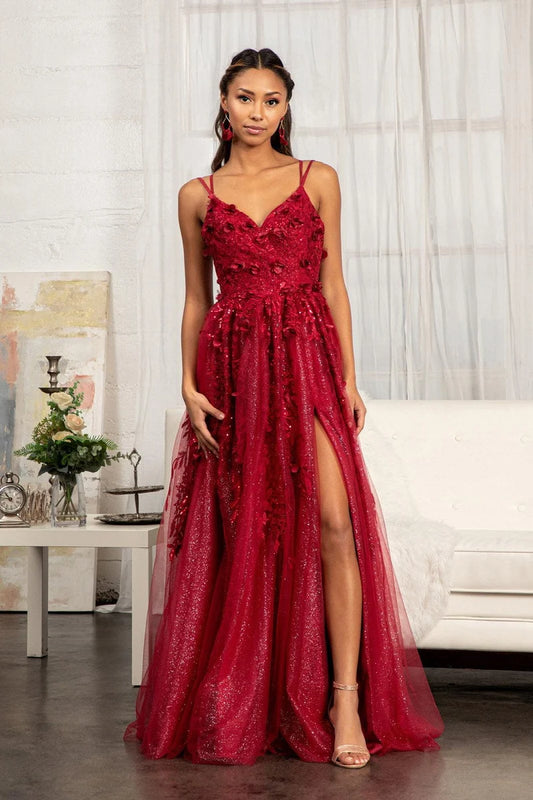 Loverlm ruby red V-neck prom dress with spaghetti straps floral embellishments glitter A-line skirt and high slit