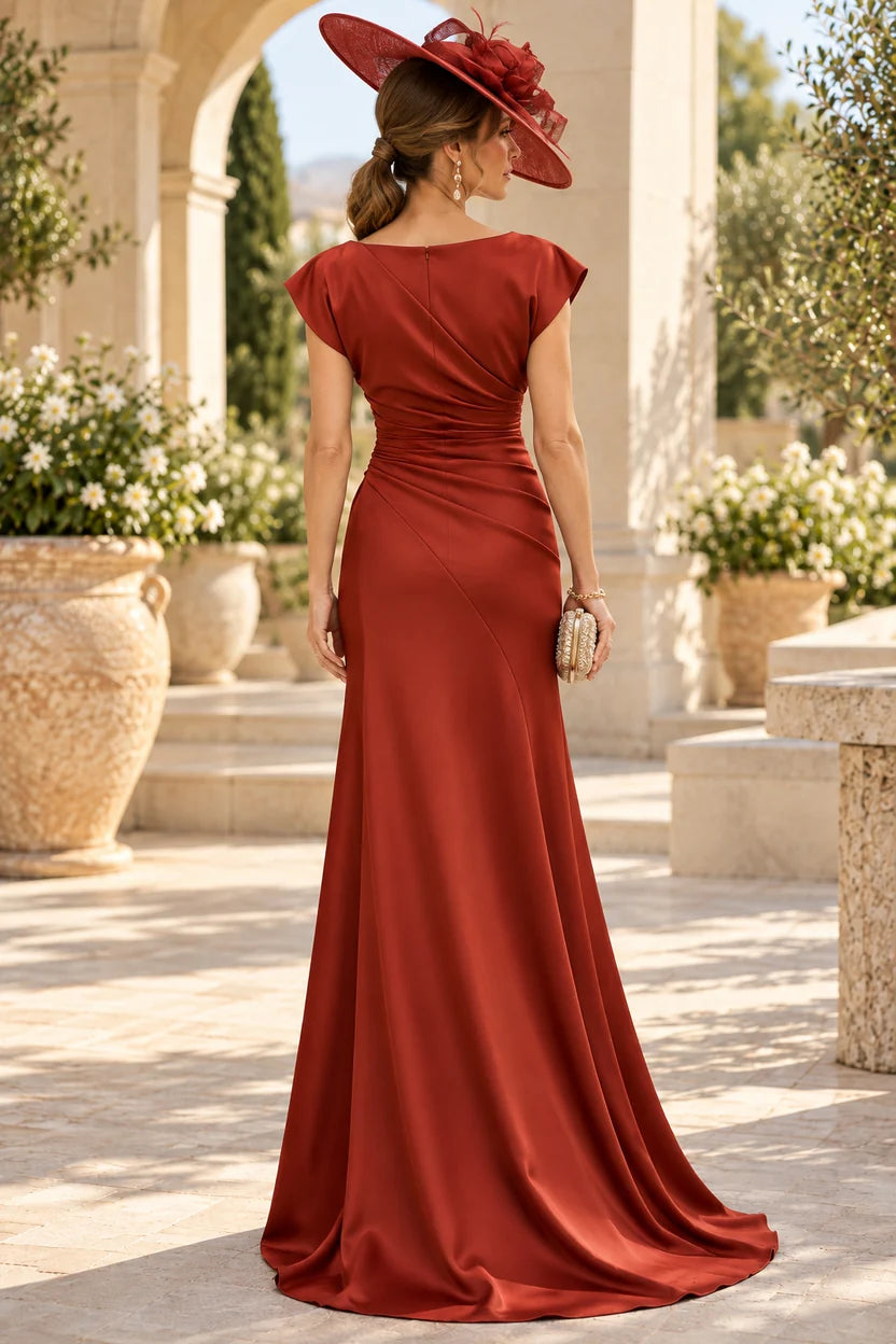 Elegant Mermaid Boat Neck Cap Sleeve Satin Floor-Length Mother of the Bride Dress