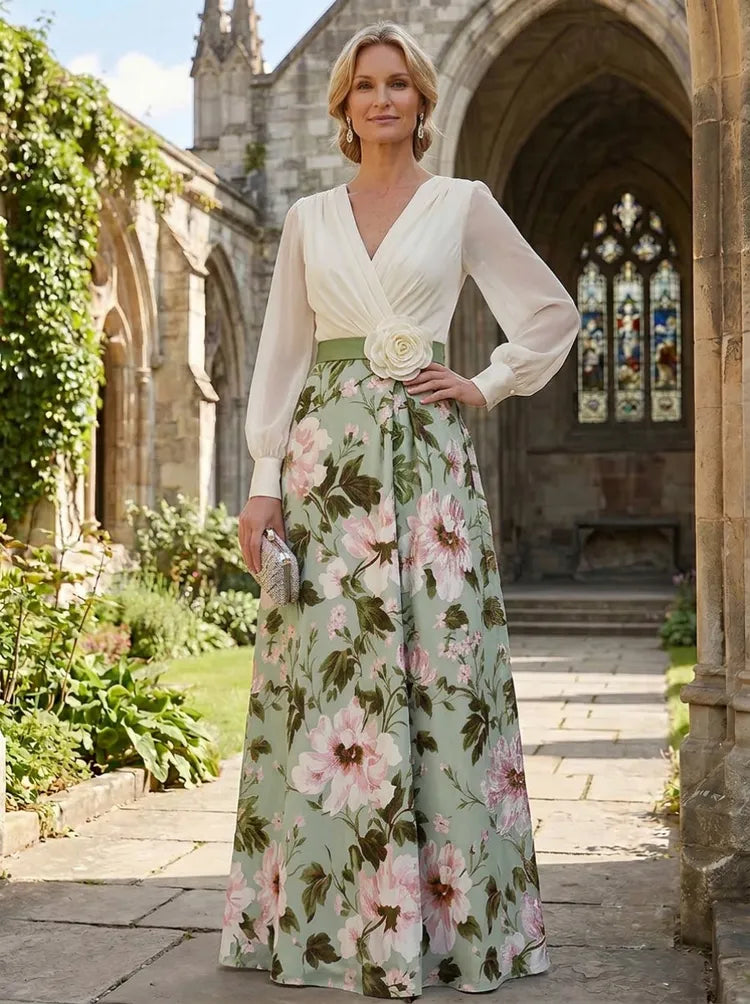 Loverlm floral Mother of the Bride dress with ivory V-neck long sleeves sage waist and floor-length A-line skirt