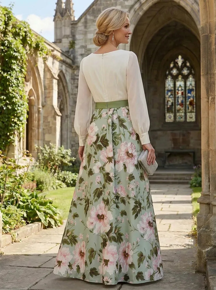 Elegant A-Line V-Neck Long-Sleeve Chiffon-Satin Floor-Length Mother of the Bride Dress