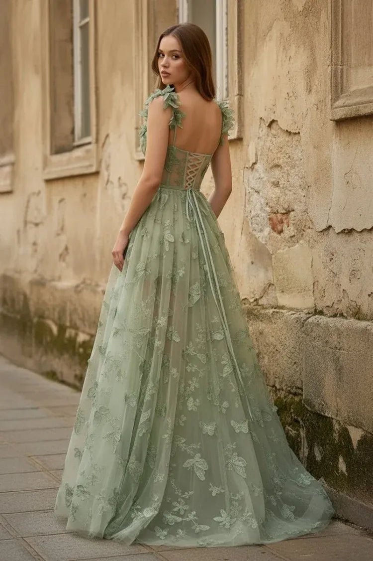 Loverlm Enchanted Sage Tulle A-Line Sweetheart Floral Strap Lace-Up Long Prom Dress