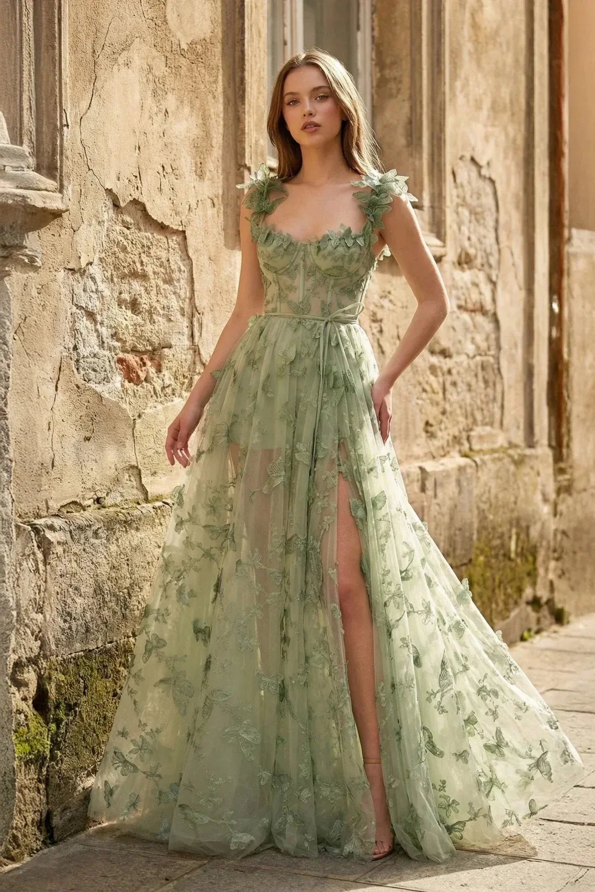 Loverlm Enchanted Sage Tulle A-Line Sweetheart Floral Strap Lace-Up Long Prom Dress