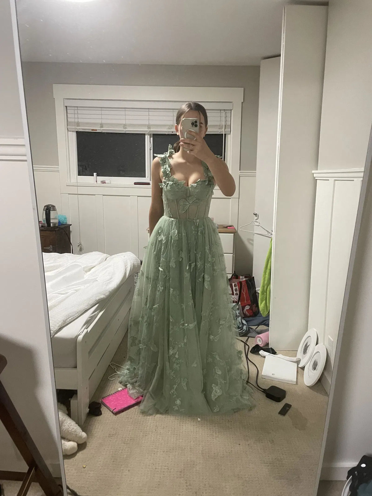 Loverlm Enchanted Sage Tulle A-Line Sweetheart Floral Strap Lace-Up Long Prom Dress