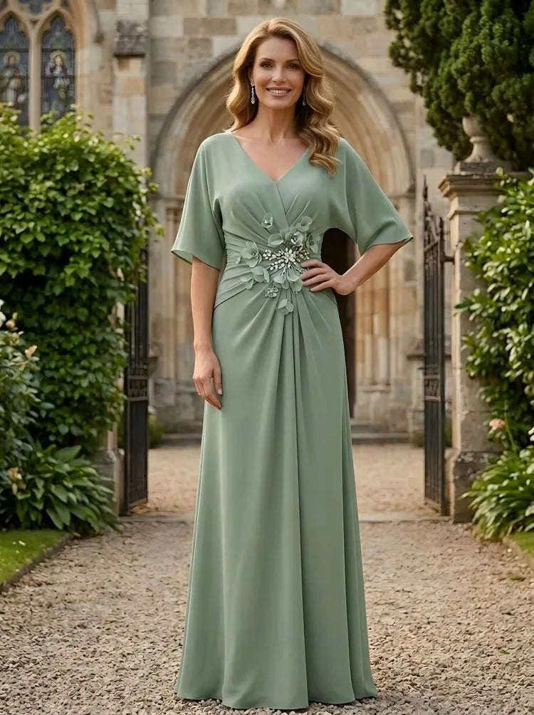 Loverlm sage green Mother of the Bride dress with V-neck cape sleeves floral appliqué ruched waist and floor-length A-line skirt