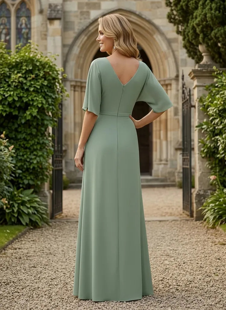 Elegant A-Line V-Neck Cape-Sleeve Appliqué Floor-Length Mother of the Bride Dress