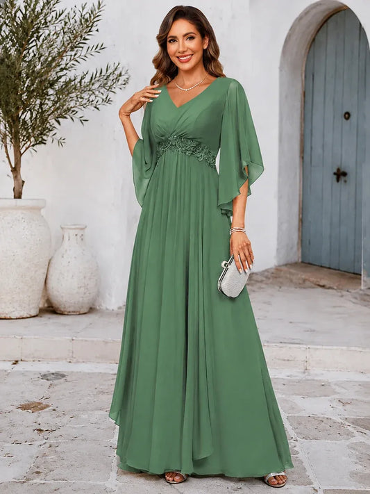 Loverlm sage green chiffon Mother of the Bride dress with V-neck cape sleeves lace waist and floor-length skirt