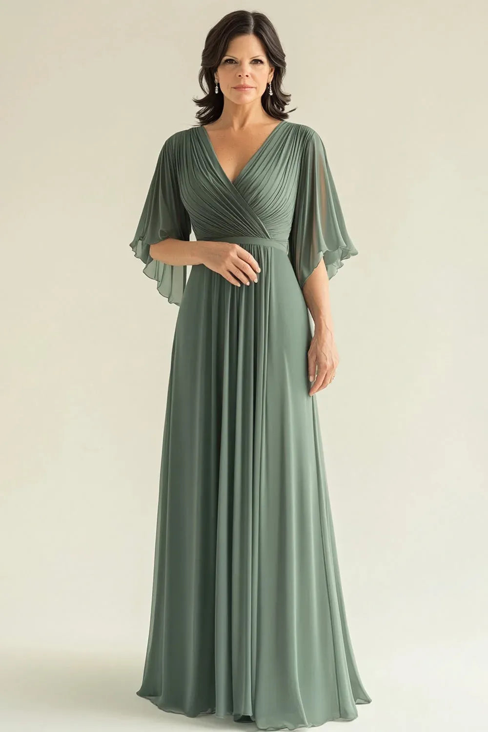 Loverlm sage green chiffon A-line gown with a pleated crossover V-neck, sheer flutter sleeves and a gathered floor-length skirt.