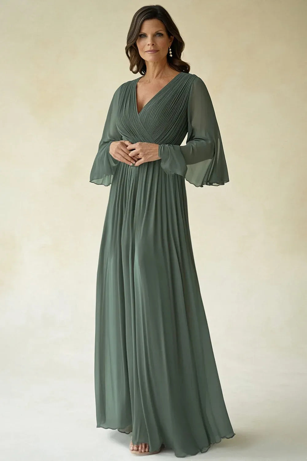 Graceful Chiffon A-Line V-Neck Flutter-Sleeve V-Back Floor-Length Mother of the Bride Dress