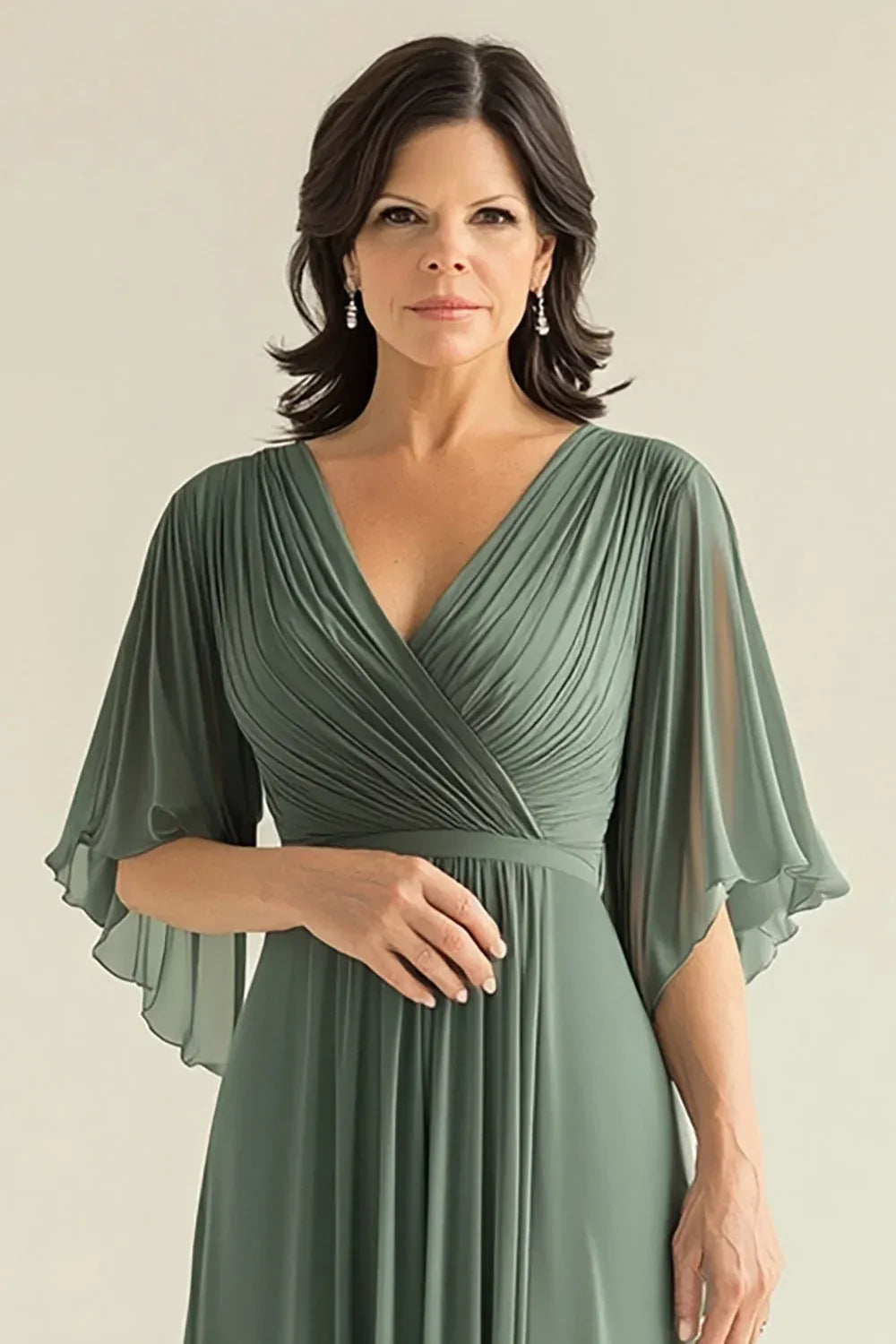 Graceful Chiffon A-Line V-Neck Flutter-Sleeve V-Back Floor-Length Mother of the Bride Dress