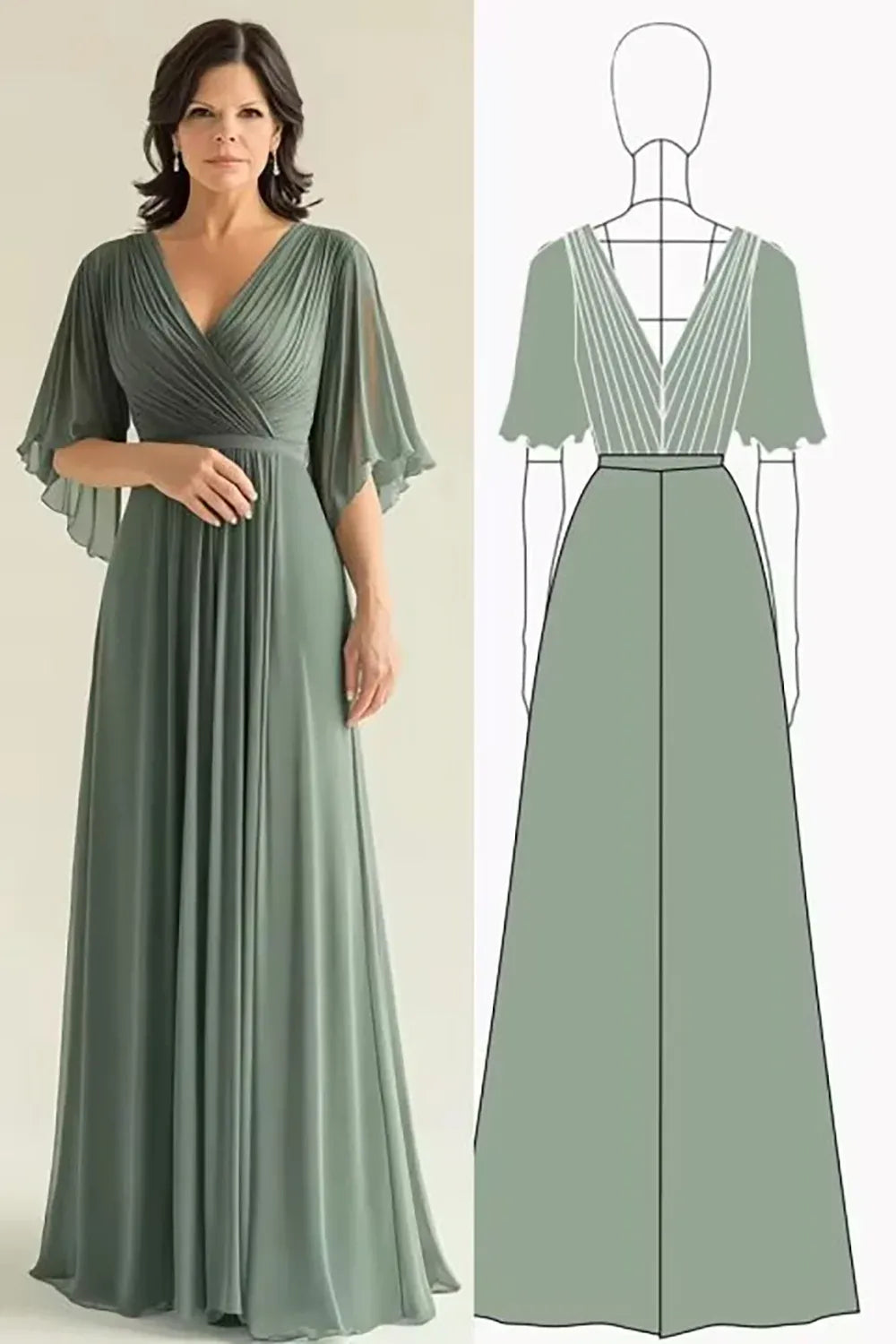 Graceful Chiffon A-Line V-Neck Flutter-Sleeve V-Back Floor-Length Mother of the Bride Dress
