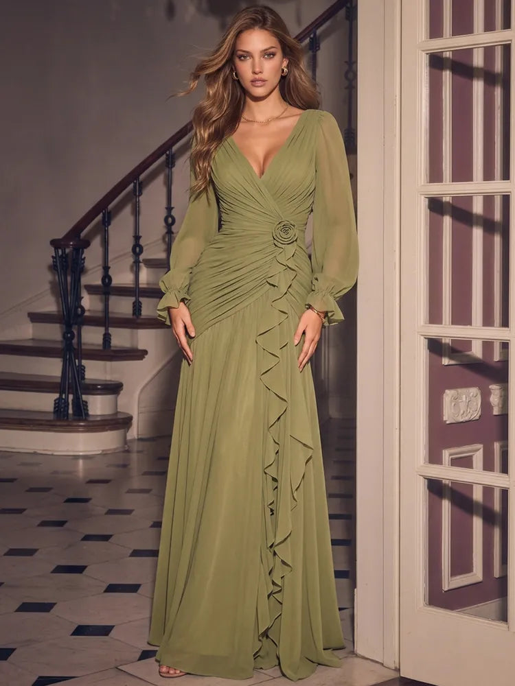 Loverlm sage green chiffon V-neck long sleeve Mother of the Bride dress front view