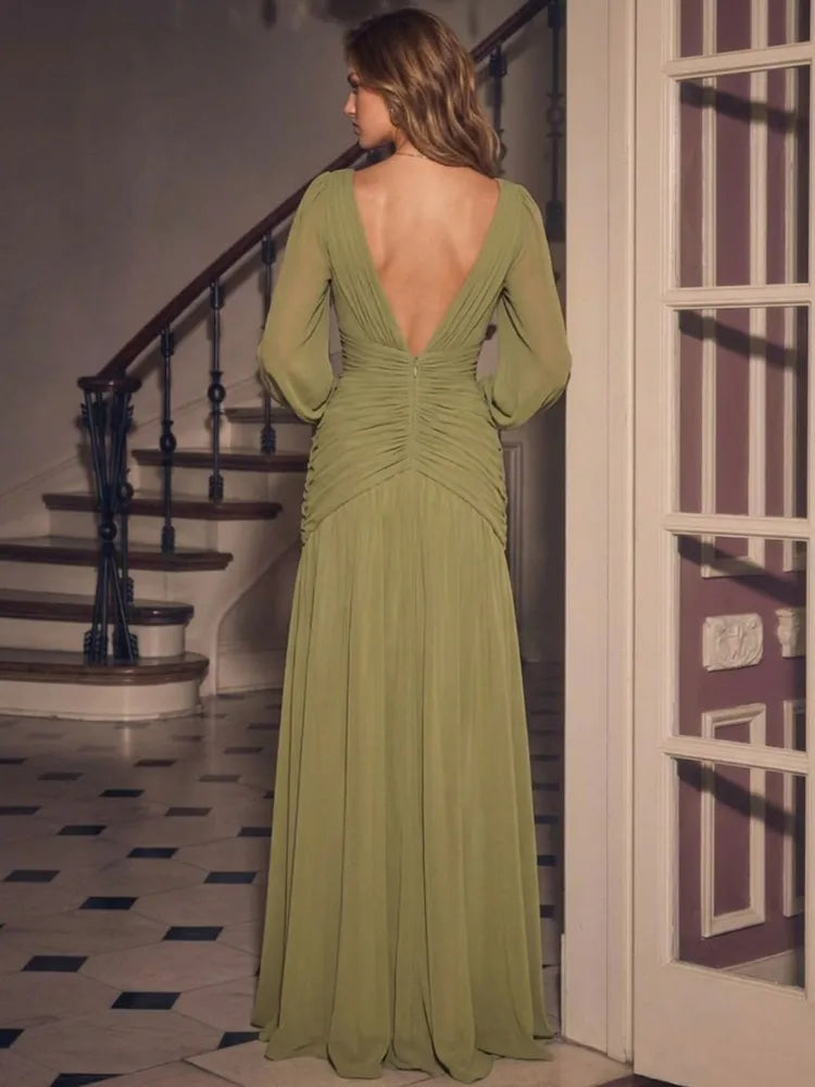 Elegant A-Line V-Neck Long Sleeve Chiffon Floor-Length Evening Dress
