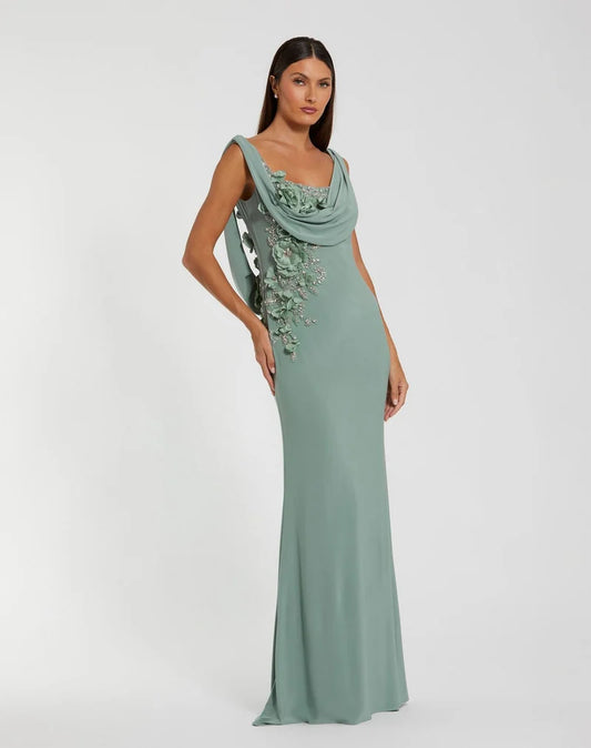 Loverlm sage green Mother of the Bride dress with cowl neckline floral applique fitted sheath silhouette and floor-length skirt