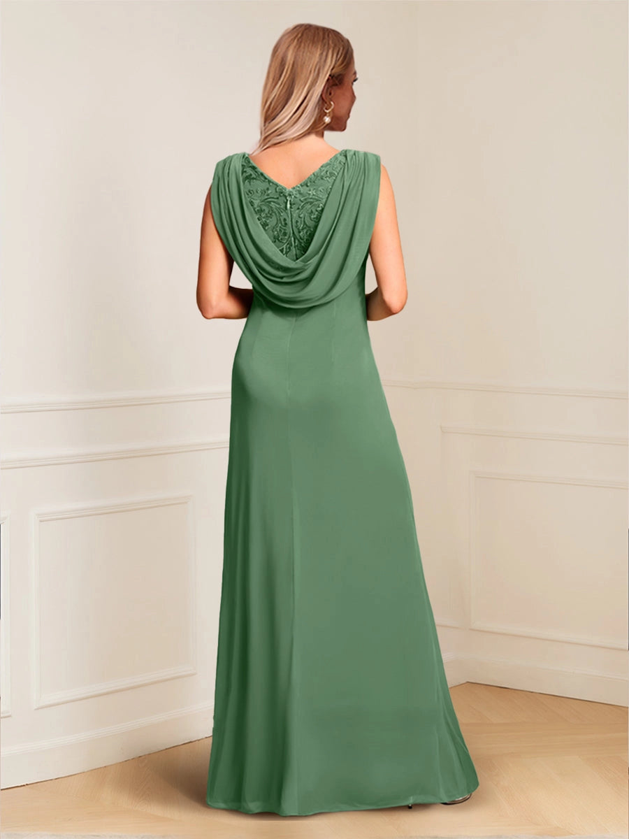 Elegant Sheath Bateau Neck Sleeveless Draped Back Straight Hem Floor Length Mother of the Bride Dress