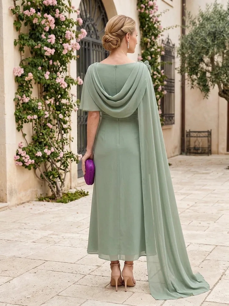 Elegant A-Line Draped-Neck Short-Sleeve Chiffon Midi Mother of the Bride Dress
