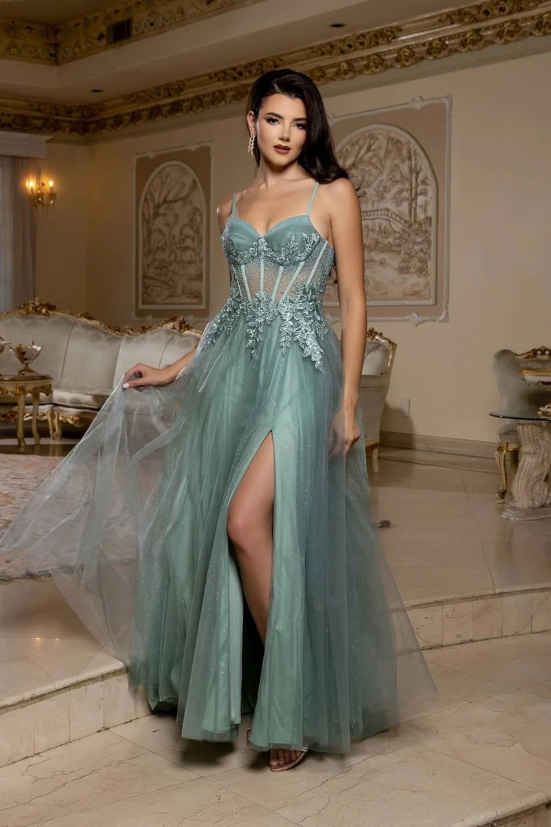 Loverlm sage green sweetheart embellished corset tulle slit prom dress front view