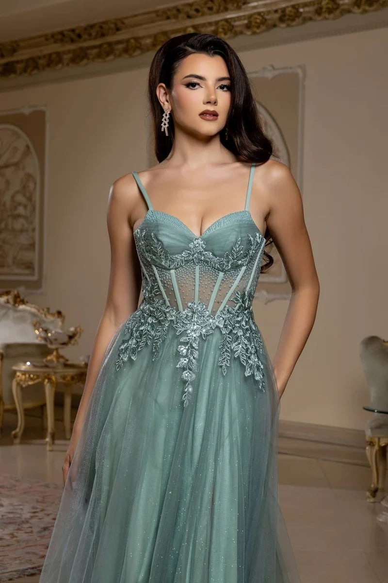 Romantic A-Line Sweetheart Spaghetti-Strap Lace-Up Slit Floor-Length Prom Dress