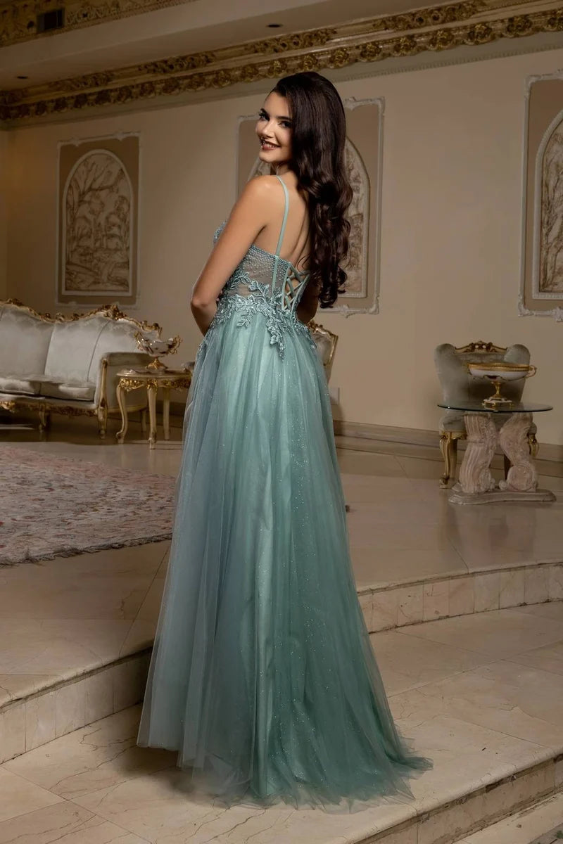 Romantic A-Line Sweetheart Spaghetti-Strap Lace-Up Slit Floor-Length Prom Dress