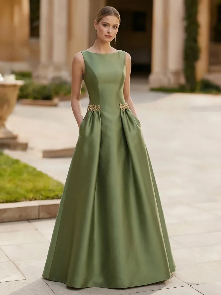 Loverlm sage green embellished waist A-line floor length evening dress front view