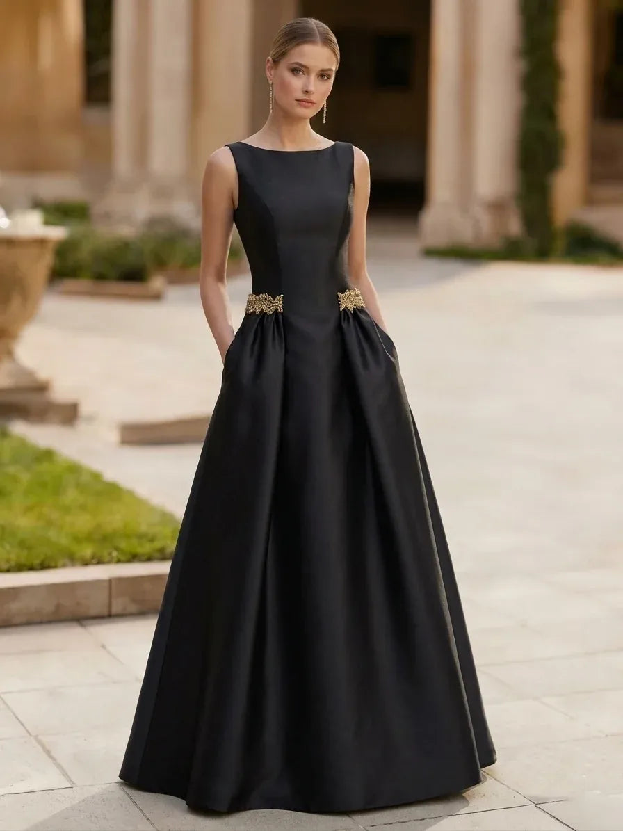 Elegant A-Line Round Neck Sleeveless Zipper Back Floor-Length Evening Dress