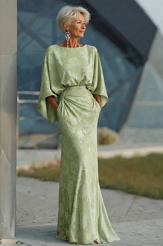 Loverlm sage green floral Mother of the Bride dress with boat neckline, flowing cape sleeves, ruched waist and floor-length sheath skirt