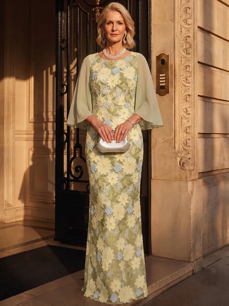 Loverlm sage green Mother of the Bride dress with round neck floral lace cape sleeves and fitted floor-length silhouette