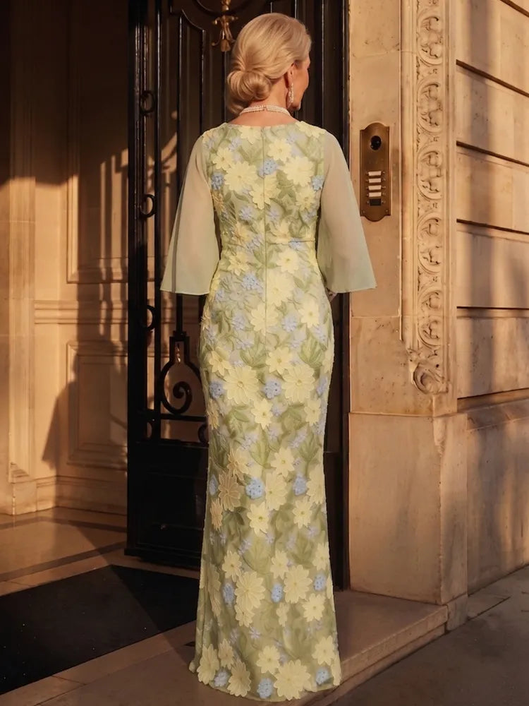 Elegant Sheath Round-Neck Cape-Sleeve Floral Lace Floor-Length Mother of the Bride Dress