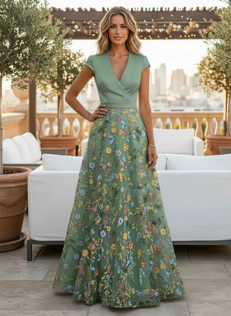 Loverlm sage green floral Wedding Guest dress with V-neck cap sleeves and floor-length A-line skirt