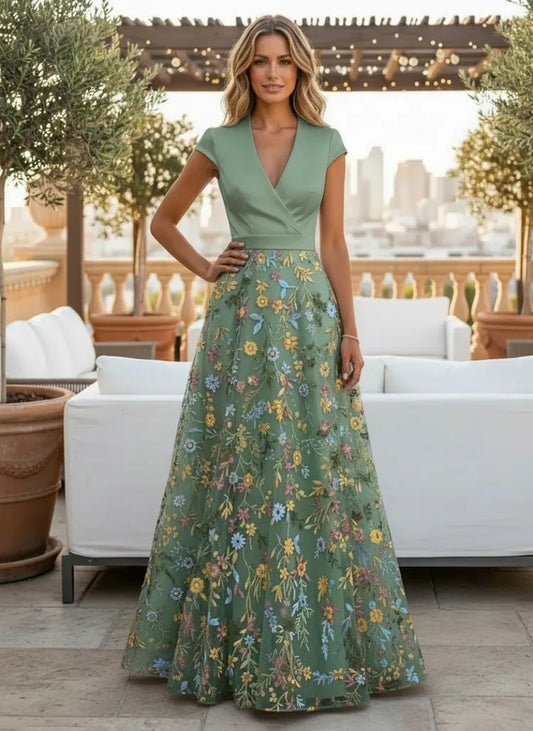 Loverlm sage green floral Wedding Guest dress with V-neck cap sleeves and floor-length A-line skirt