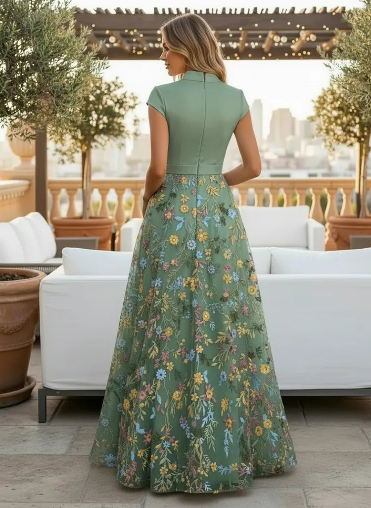 Elegant A-Line V-Neck Cap-Sleeve Tulle Floor-Length Mother of the Bride Dress