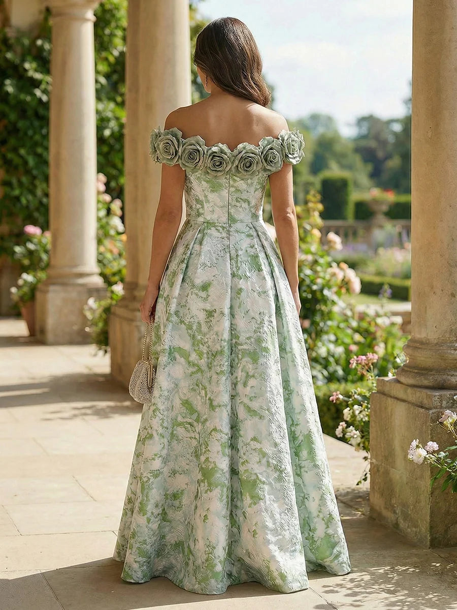 Elegant A-Line Off Shoulder Sleeveless Jacquard Floor Length Wedding Guest Dress