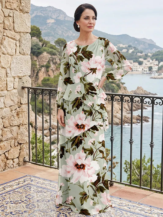 Loverlm sage green floral Mother of the Bride dress with round neckline three-quarter sleeves layered waist and floor-length skirt