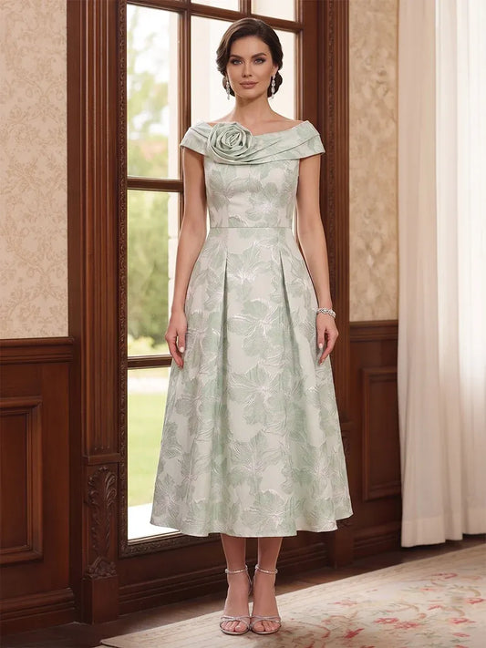 Elegant A-Line Off-Shoulder Cap-Sleeve Zipper-Back Floral Midi Mother of the Bride Dress